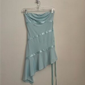 Light Blue Asymmetric Satin-Trim Asymmetrical Dress